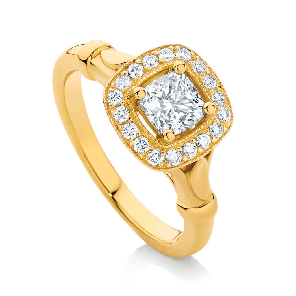 Cushion Cut Diamond Filigree Engagement Ring in Yellow Gold | Florence