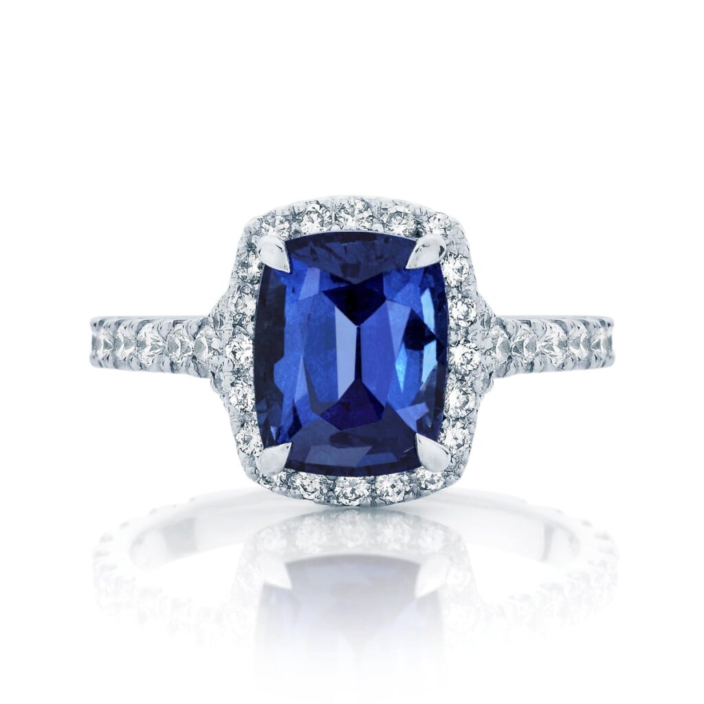Cushion Cut Blue Sapphire Engagement Ring with Halo | Night SKy
