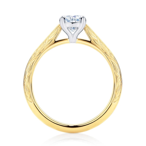 Cushion cut hand engraved yellow gold solitaire