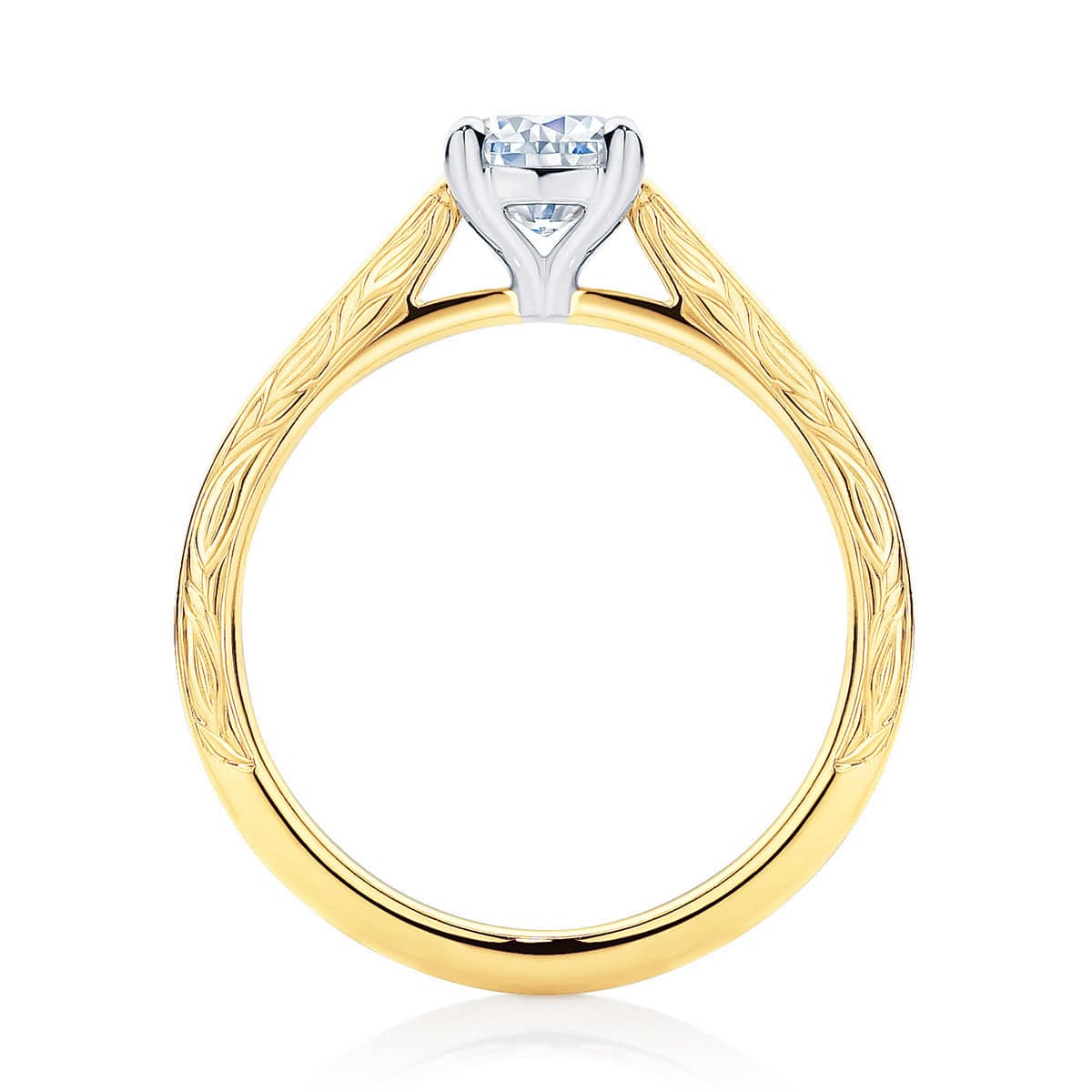 Cushion cut hand engraved yellow gold solitaire