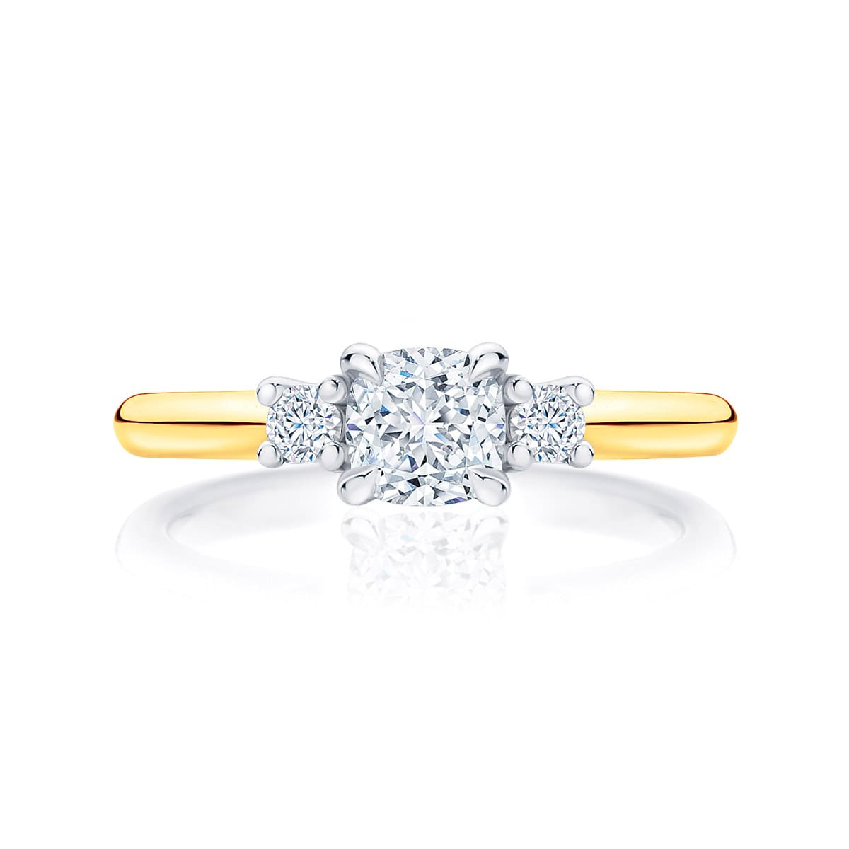 Cushion Diamond Three Stone Ring in Yellow Gold | Arcadia (Cushion)