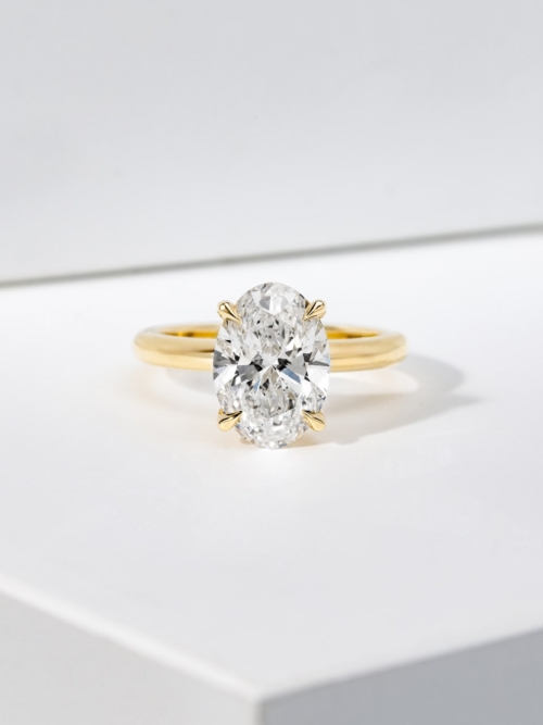 Oval Lab Grown Diamond Yellow Gold Hidden Halo Engagement Ring