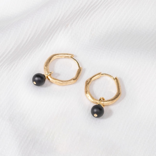 Yellow Gold Hoop Earrings with Interchangeable Onyx Drops