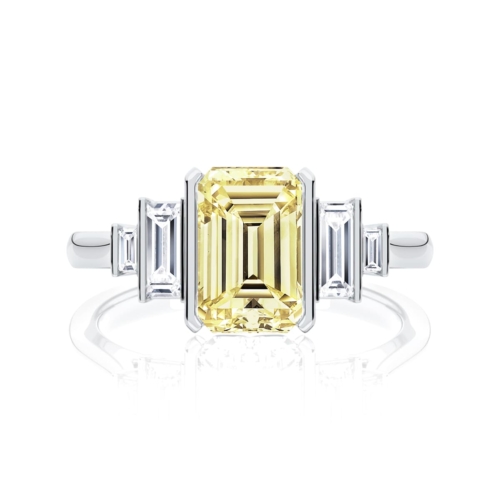 Emerald Yellow Diamond Engagement Ring with Side Stones in Platinum | Fancy Yellow Geneva