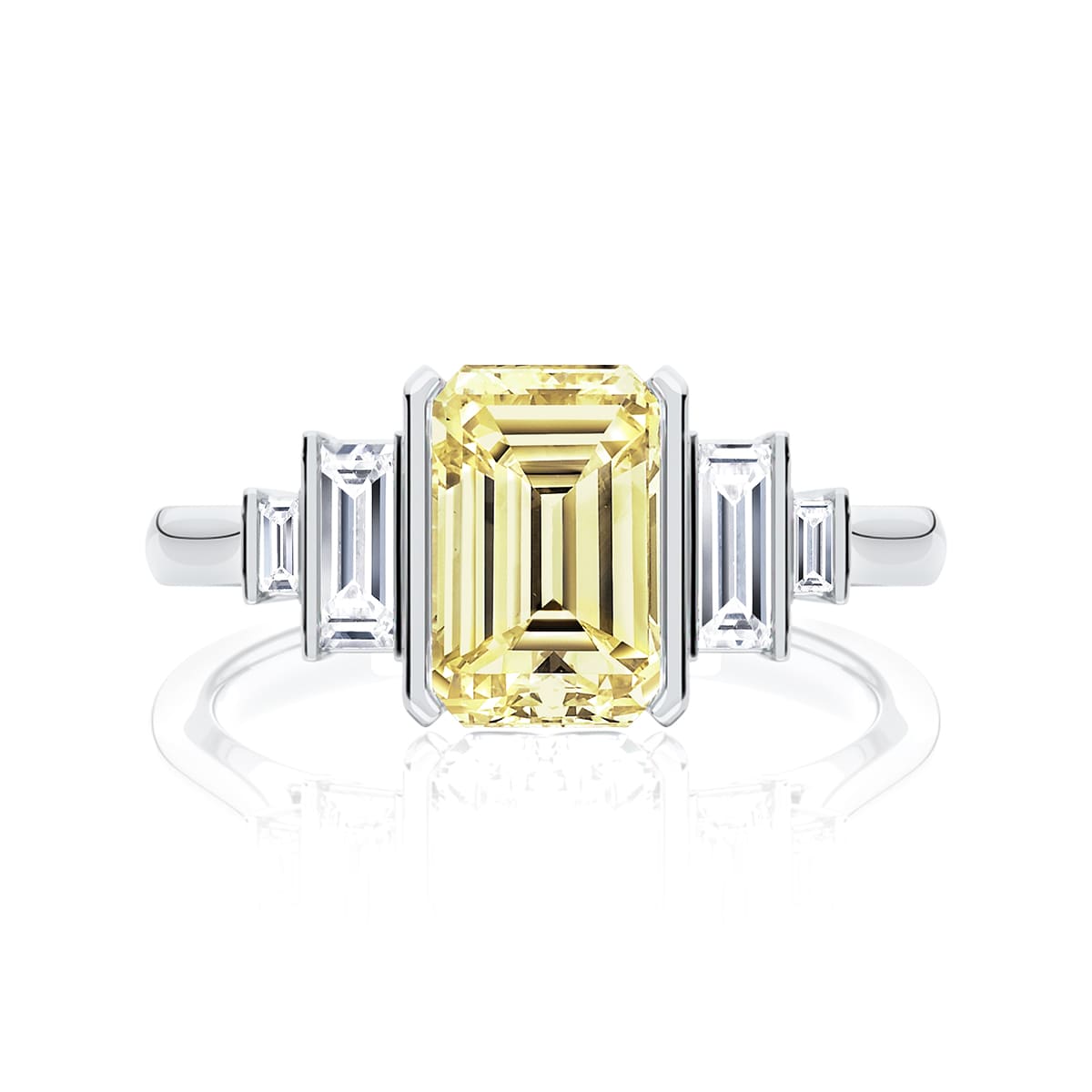 Emerald Yellow Diamond Engagement Ring with Side Stones in White Gold | Fancy Yellow Geneva