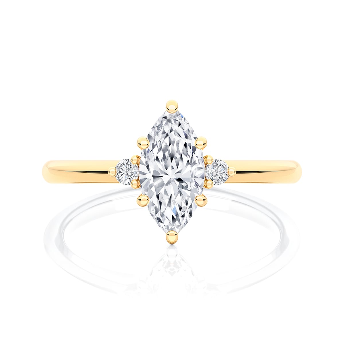 Marquise Diamond Three Stone Engagement Ring in Yellow Gold | Trieste